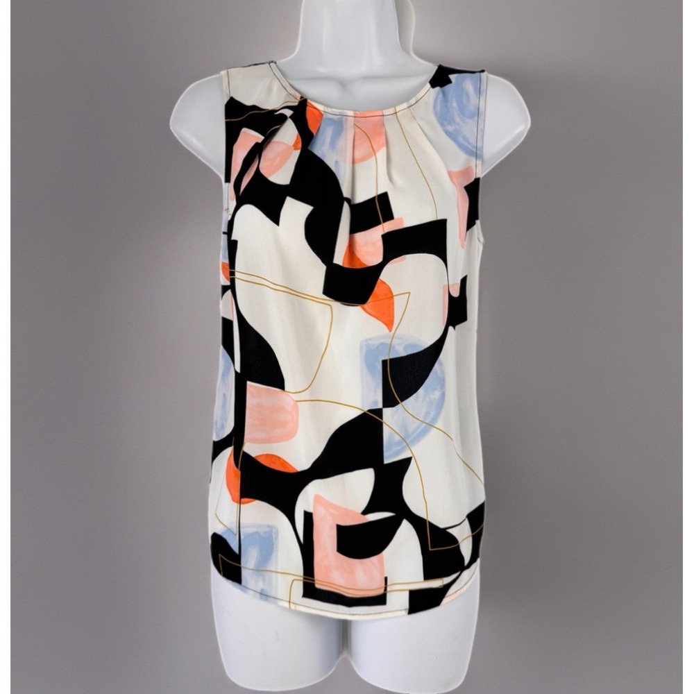 Worthington Blouse Women XS Multicolor Abstract Geometric Pleated Sleeveless Top